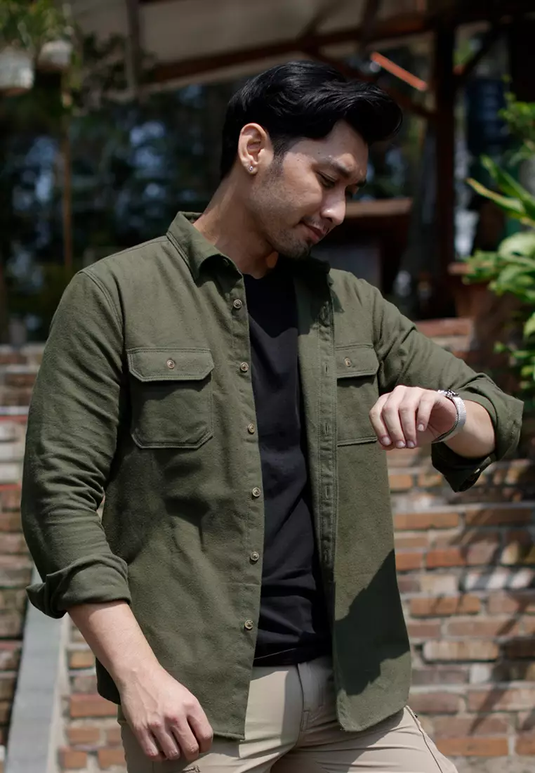 OXCON Utility Double Pocket Authentic Kemeja Flannel Shirt Monotone Green Army