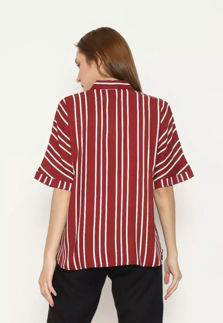 Urban Exchange Kimiko Stripe Maroon Shirt - Kemeja Lengan Pendek Wanita