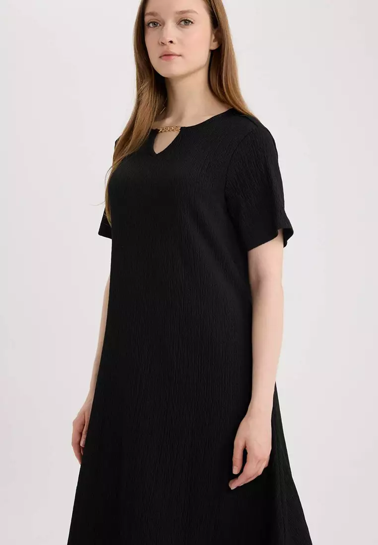 Regular Fit Basic Plain Wrap Short Sleeve Midi Summer Dress D3834Ax25Sm