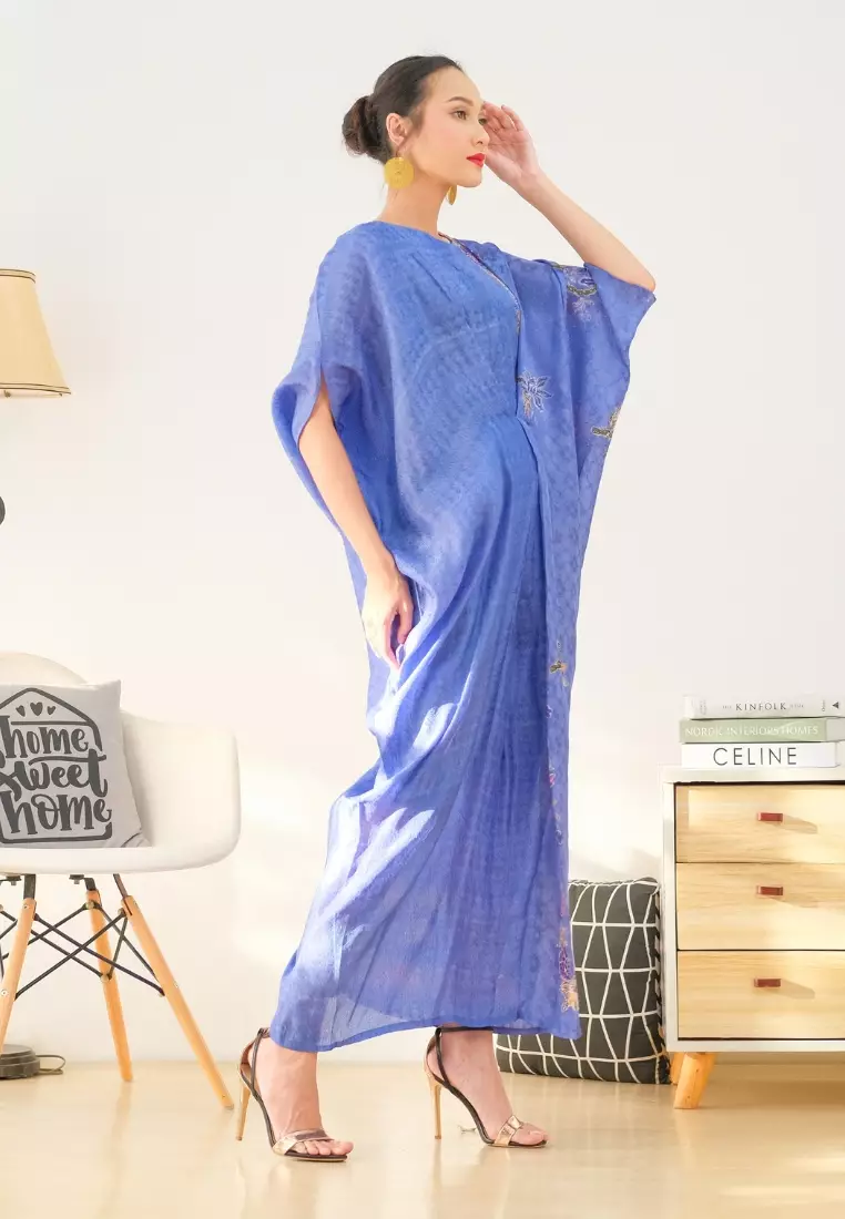 RINJANIE BATIK - Kaftan Batik Wanita - Kaftan Syariah - Biru - OOTD Lebaran - Batik Encim Peranakan Premium