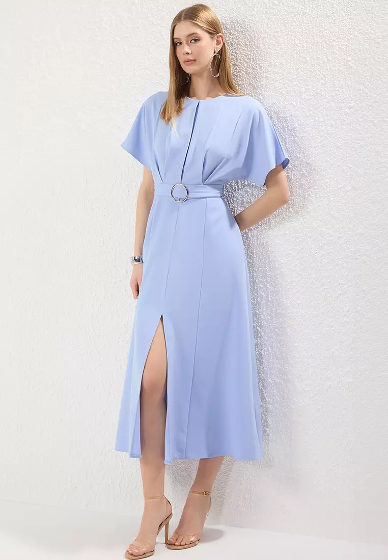 Light Blue Belted Skirt Opening at Waist Dress TWOSS25EL00804