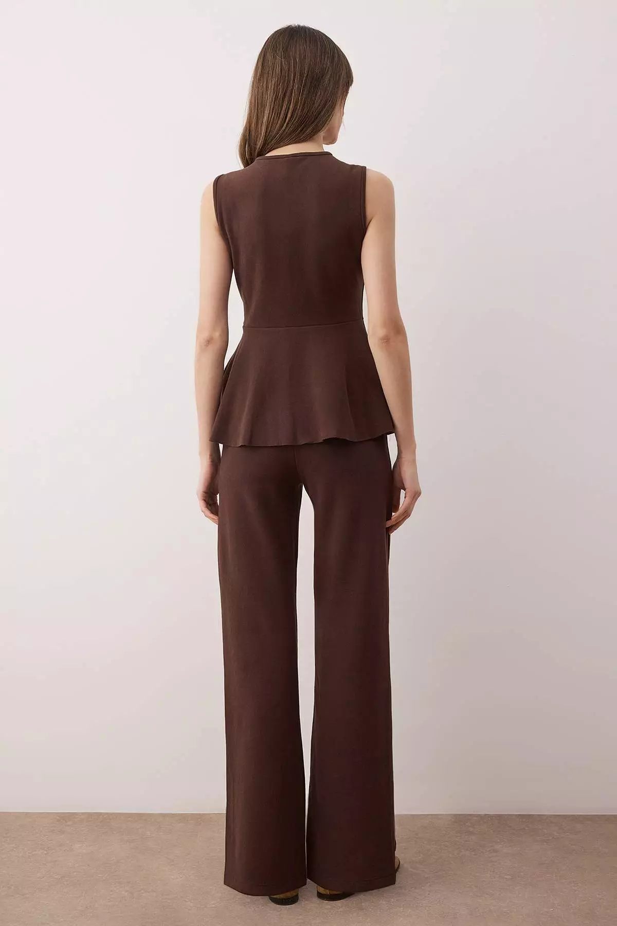 Brown Thessaloniki Buttoned Waist Open Wide Leg/Palazzo Bottom Knitted Bottom - Top Set Twoaw26Au92