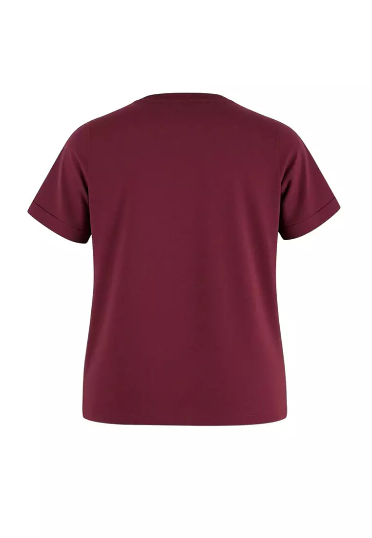 Burgundy Embroidery Detailed Basic 100% Cotton Knitted T-Shirt Tbbss24Bf00055