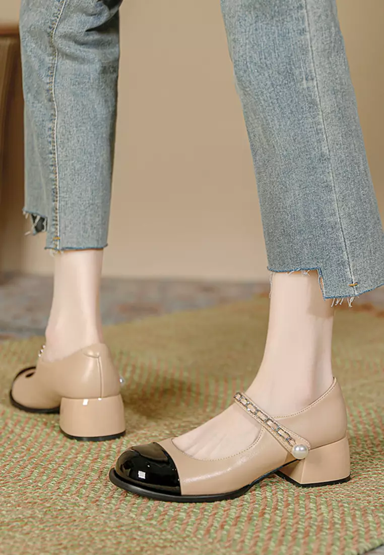 4CM Color Matching Pearl Strap Mary Jane Shoes TE3902-3