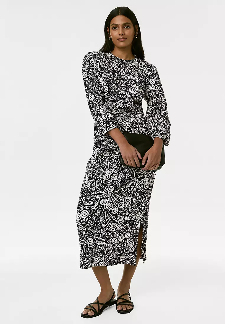 Jual Marks Spencer Cotton Rich Printed Midi Column Dress