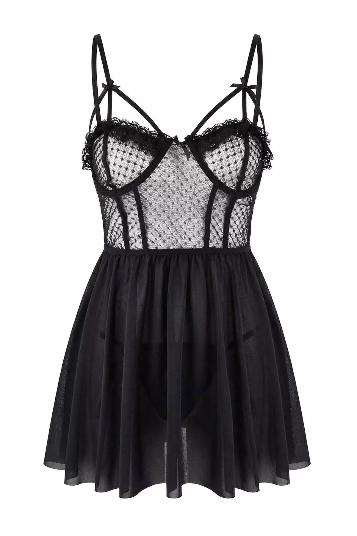 Black Bust Detailed Polka Dot Babydoll/Fantasy Nightgown Thmss26Ll8