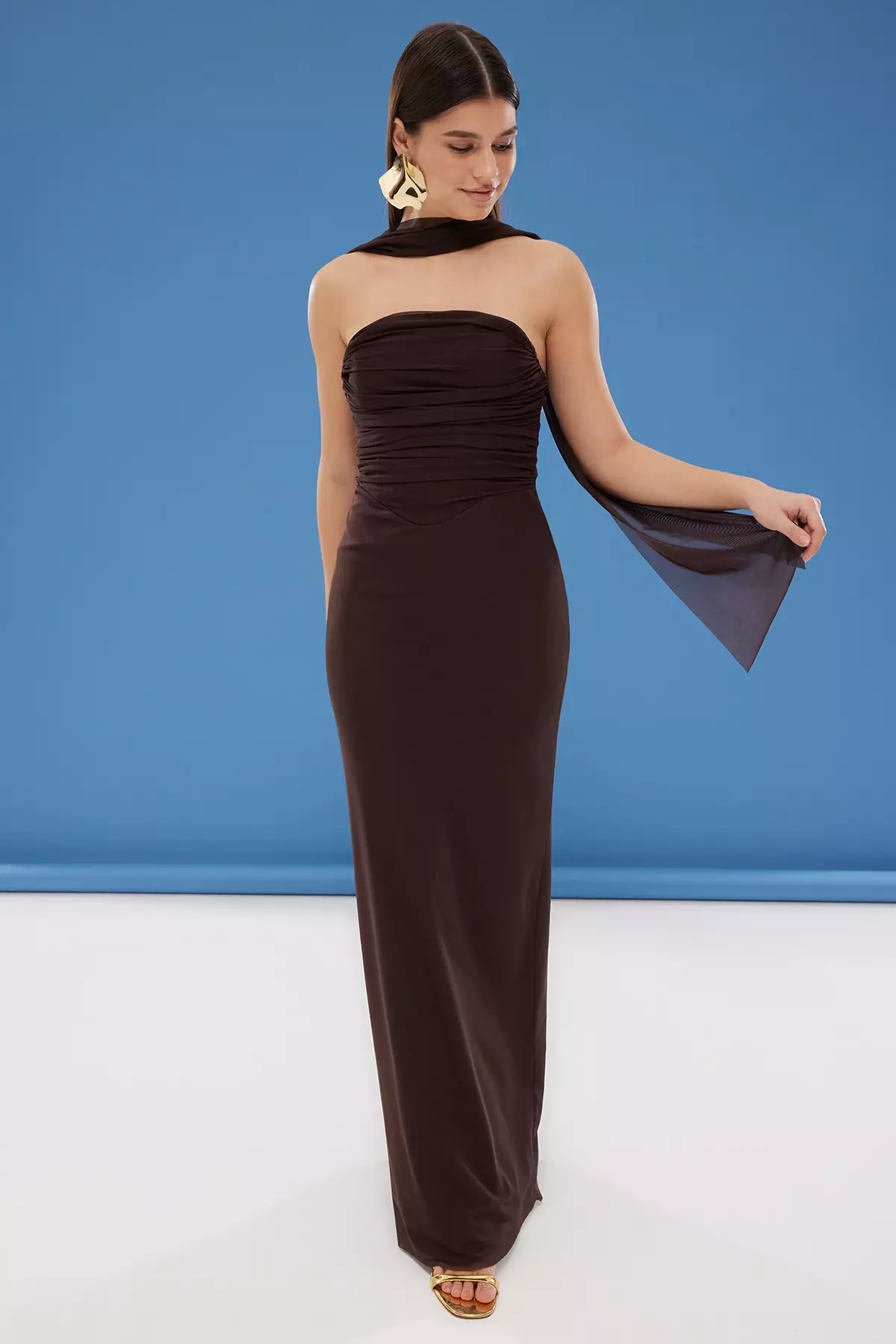 Brown Scarf Tulle Knitted Maxi