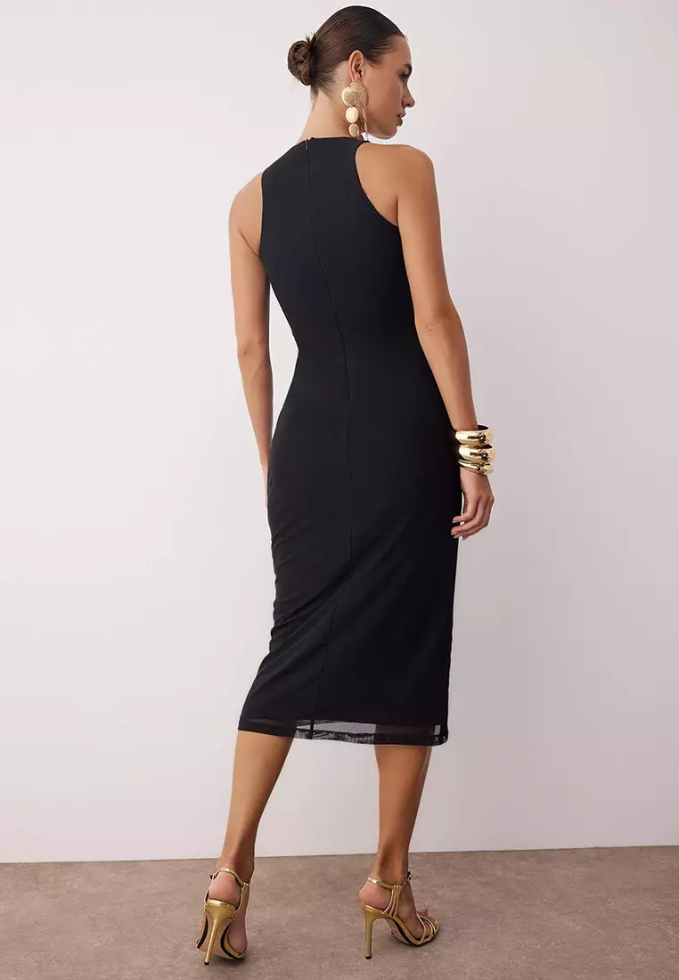 Black Floral Bodycon Knitted Tulle Midi Lined Graduation/Prom Dress