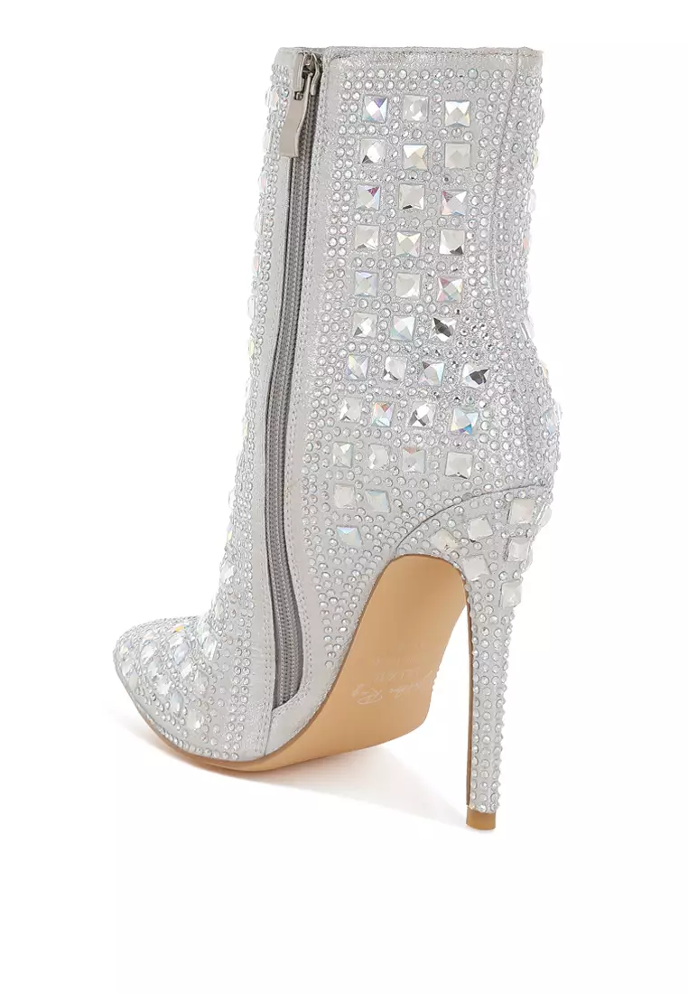 Pointed Toe Rhinestones Stiletto Boots in Silver