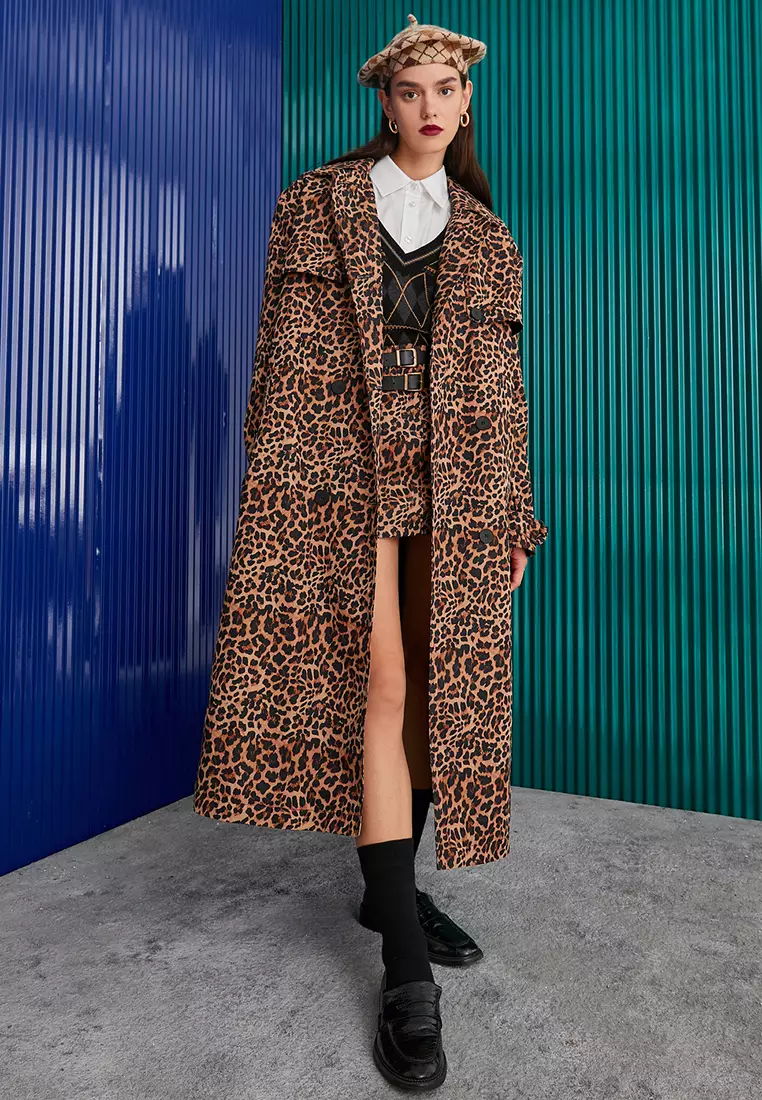 Leopard Patterned Trench Coat Belt