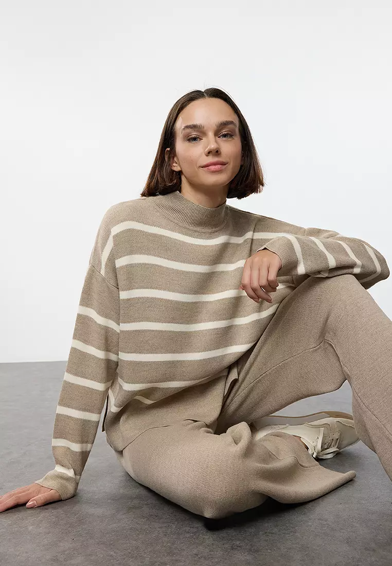 Beige Striped Knitted Trousers Top-Bottom Set TWOAW24AU00045