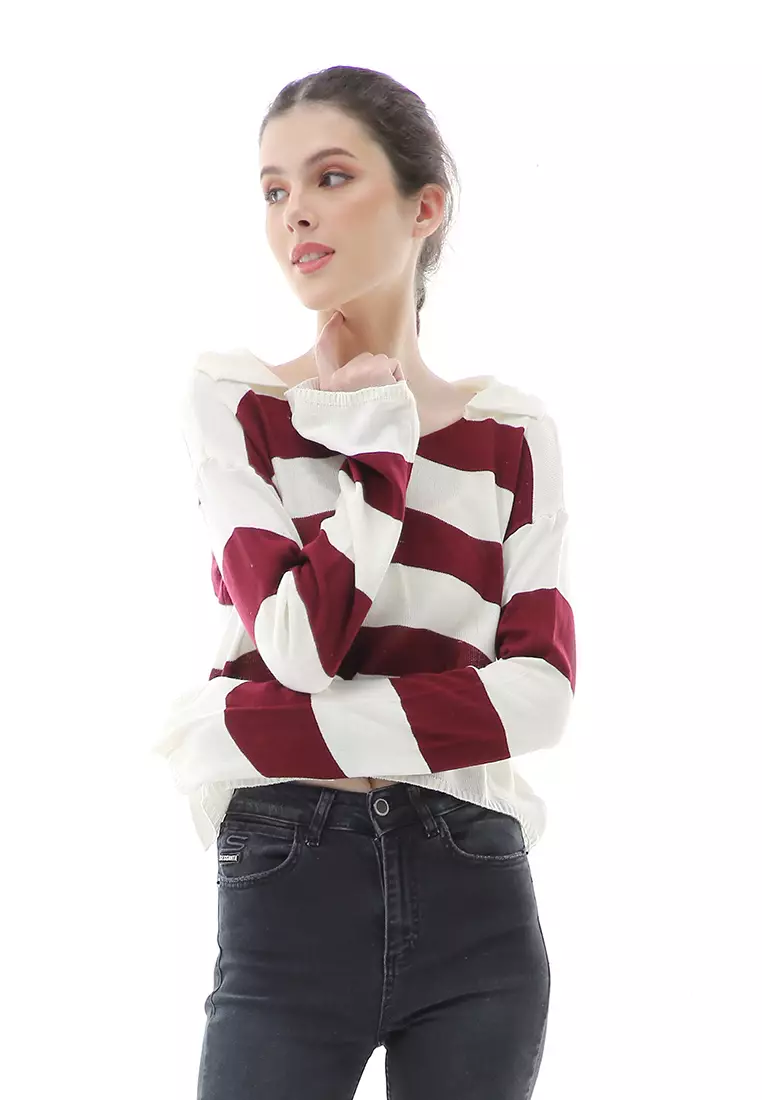Vilia Rajut Crop Atasan Wanita Oversize Motif Stripe Garis Relaxed Fit - Maroon