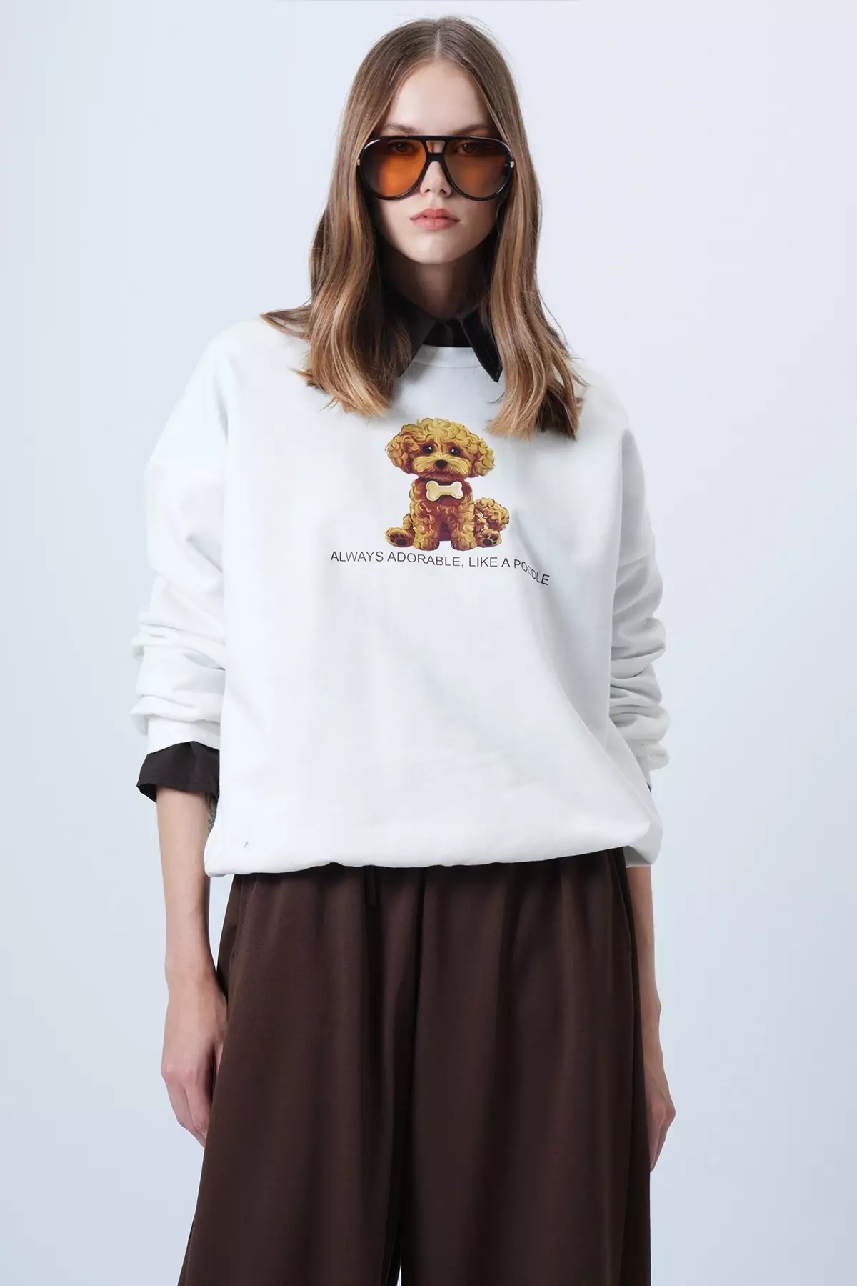 Women'S Ecru Front Printed Oversize Cotton Sweatshirt Alc-X14651