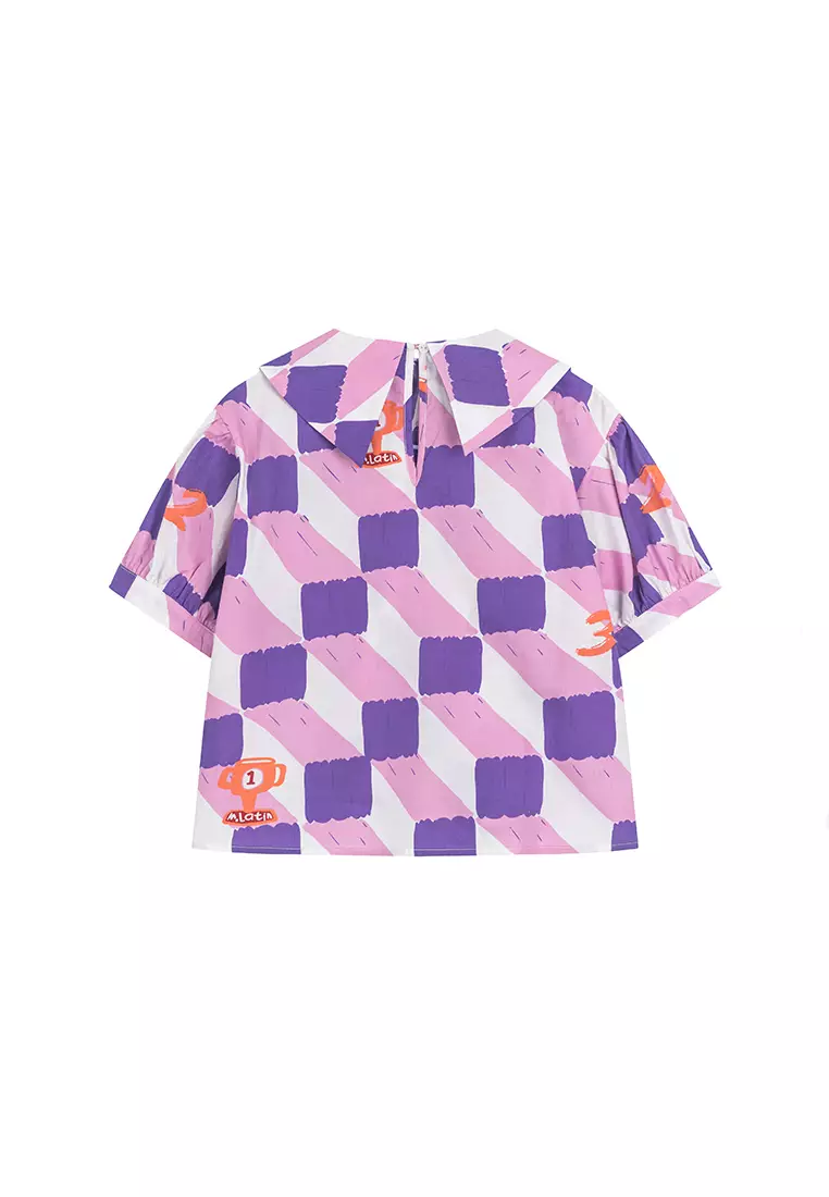 女大小童短袖衬衫复古印花大方领上衣