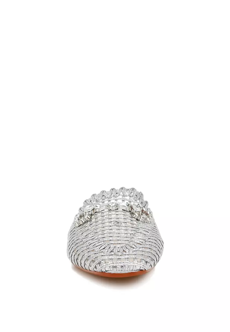 Metallic Woven Diamante Mules in Silver