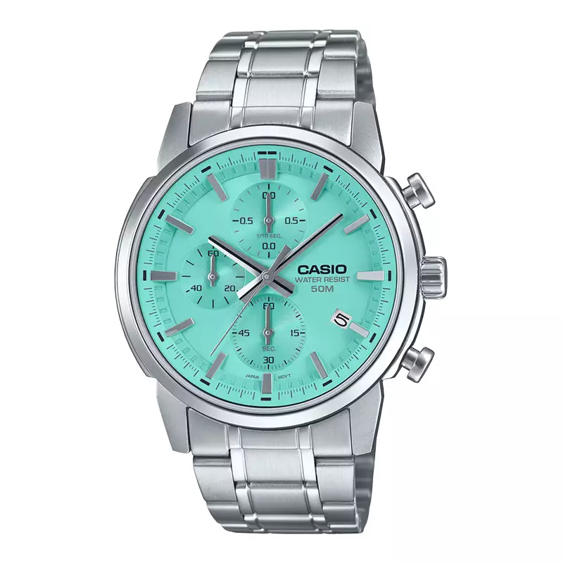 Jam Tangan Pria Casio General MTP-E510D-2AVDF Chronograph Men Baby Blue Dial Stainless Steel Band