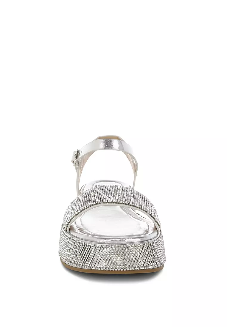 Sandal Platform Berhias Berlian Imitasi Warna Perak