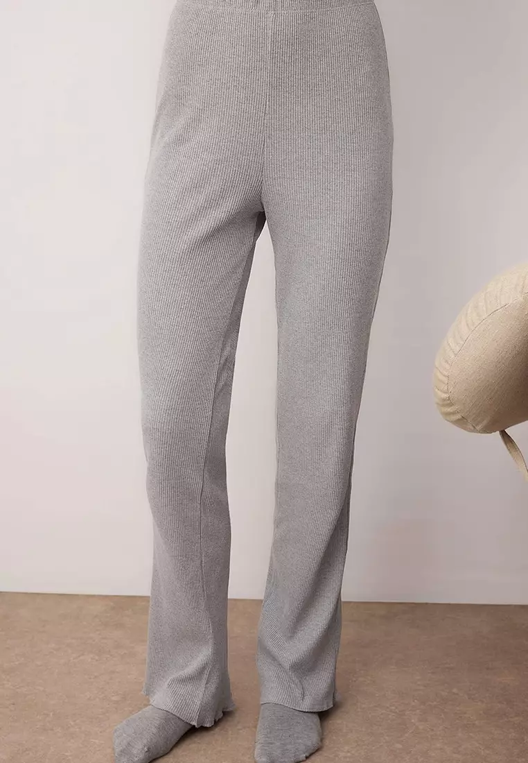 Gray Melange Half Placket Ruffle Ribbed Knitted Pajama Set