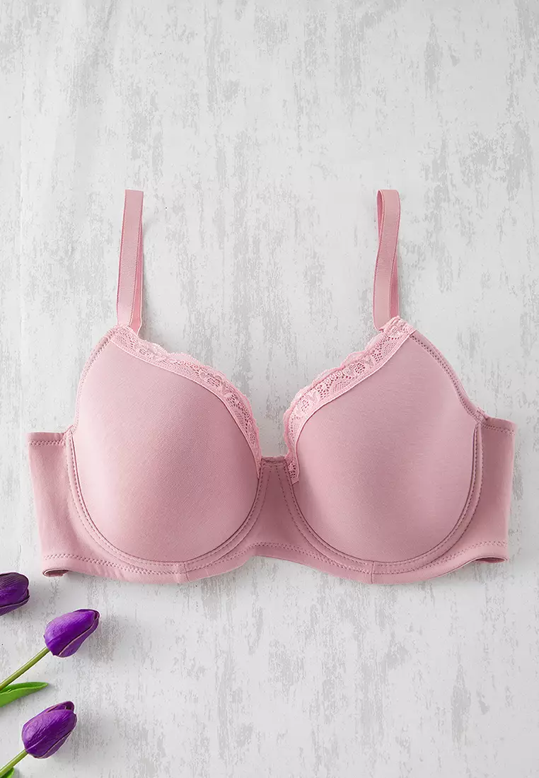 Pink Combed Cotton Lace Detailed Underwire Fixed Cup Large Size Bra Tbbss25Cw00014