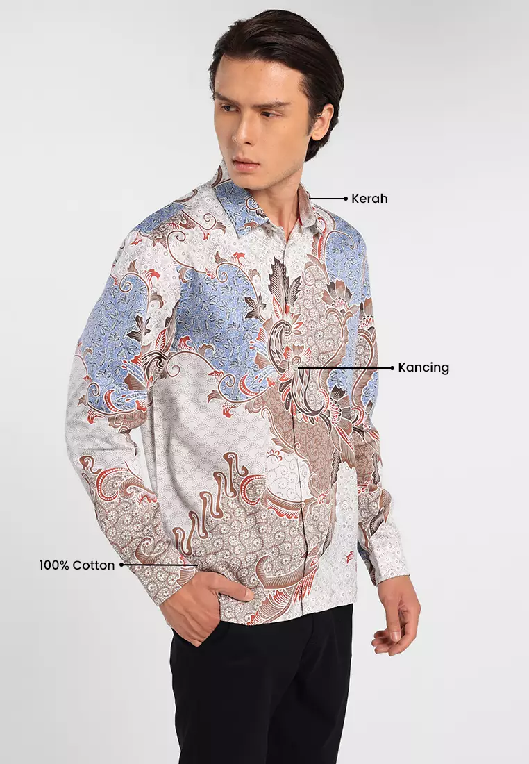 MANZONE - Kemeja Batik Lengan Panjang Pria Hadyan Comfort Fit - Light Grey Warna Grey_Light