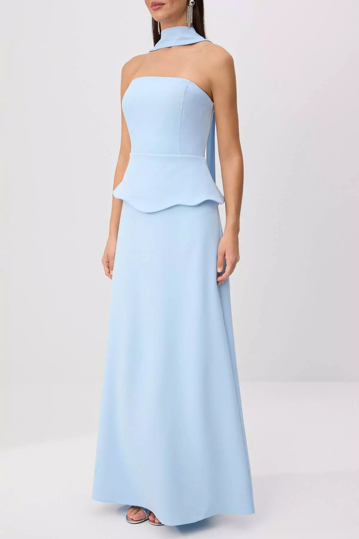 Light Blue Scarf Staplez Collar Woven Maxi Evening & Graduation Dress Tprss26Ae00139