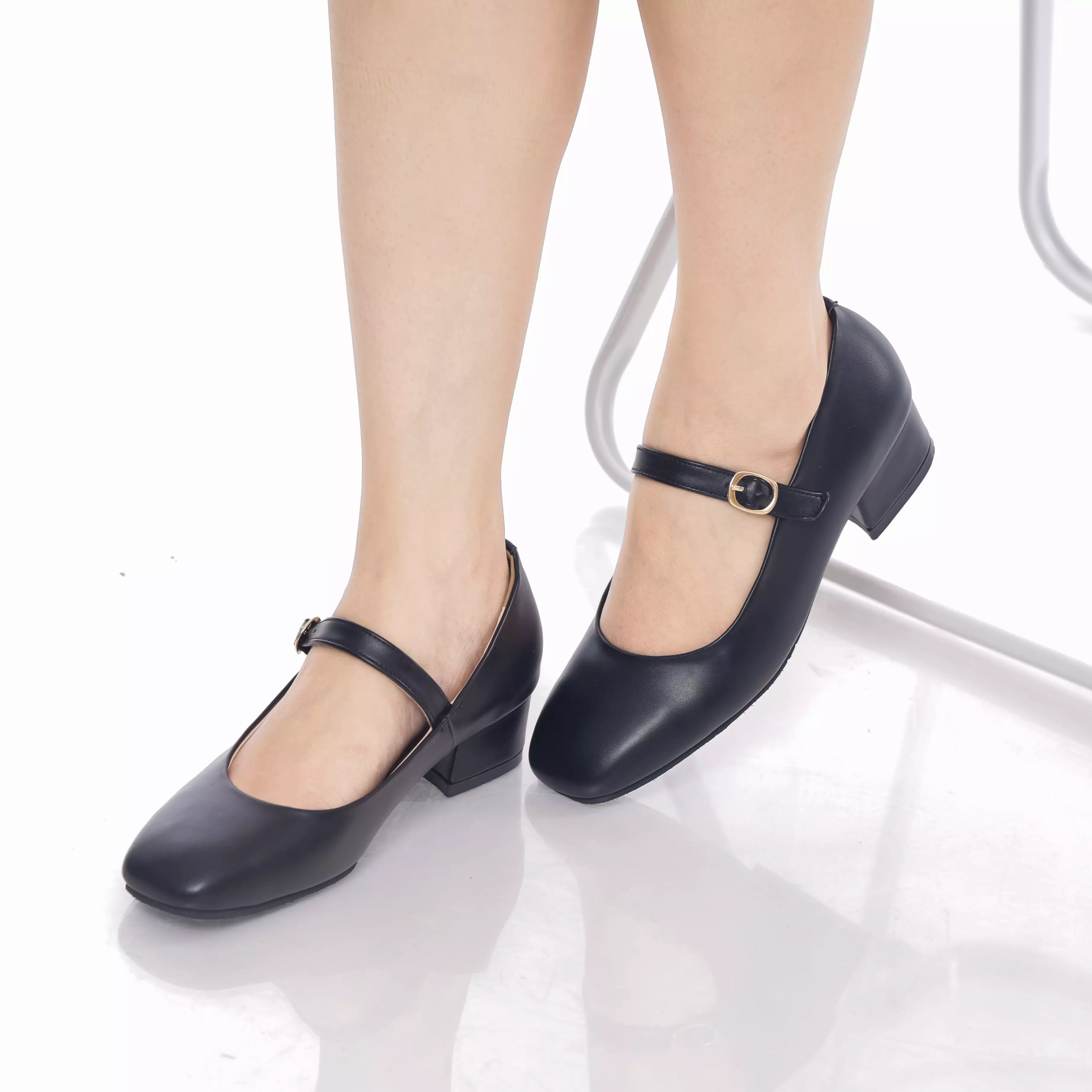 Viona Sepatu Fantopel Pump Vegan Leather Wanita Mary Jane hak 3 cm - Black Nappa