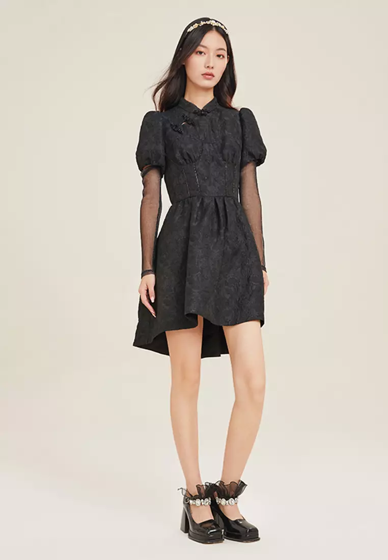 Short-Sleeve Mandarin Collar Midi A-Line Dress