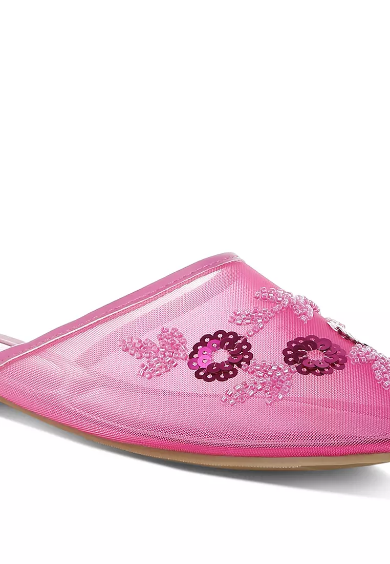 Mesh Sequin Beaded Mules In Fuchsia