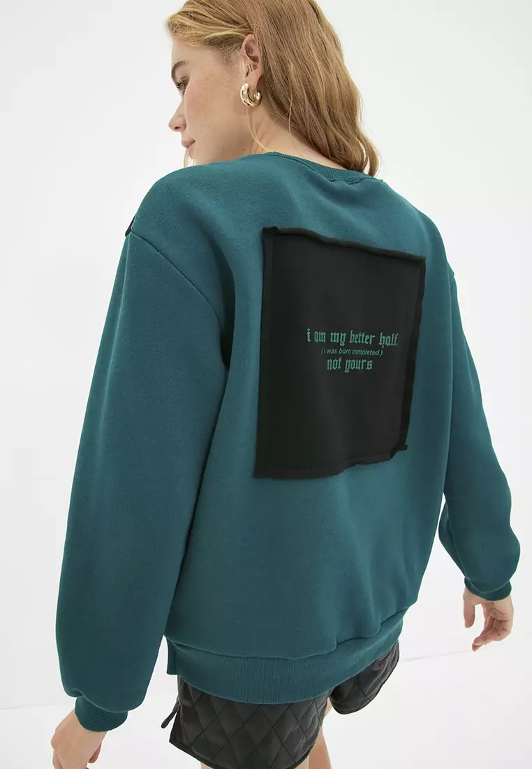 Printed Loose Fit Thick Fleece Inside Knitted Sweatshirt