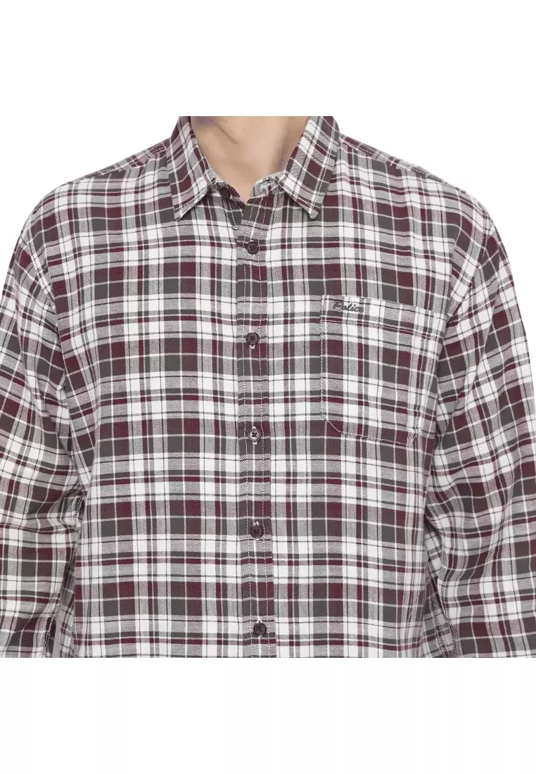 POLICE Kemeja Kotak Cotton Twill Slub Merah Biru Regular Fit Lengan Panjang Pria