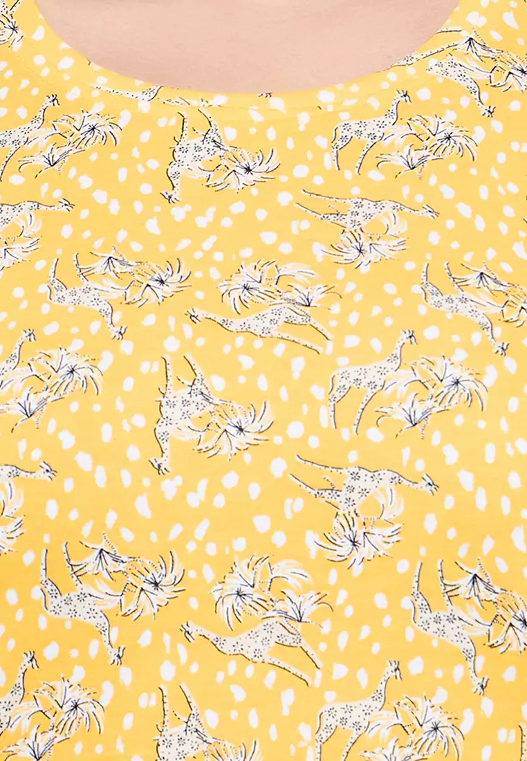 Clovia Printed Top & Shorts Set in Light Yellow- 100% Cotton