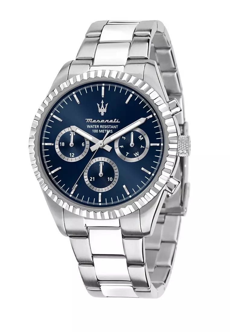 【2 Years Warranty】 Maserati Competizione 43mm Blue Dial Silver Stainless Steel Chronograph Men's Quartz Watch R8853100022 With Luminous Dial Hands