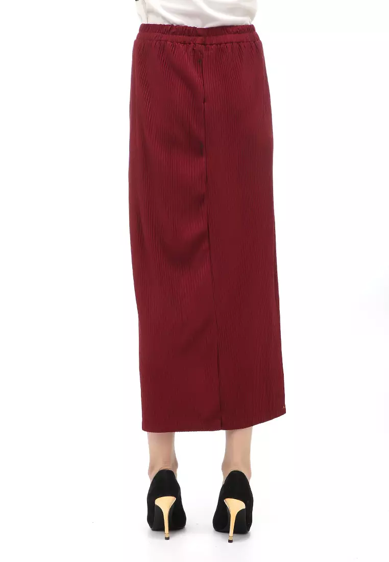 Rok Span Bawahan Wanita Motif Salur Skirt Rubbery Waist Casual - Maroon