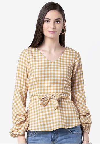 FabAlley yellow Yellow Gingham Belted Top A6574AA2E1AB85GS_1