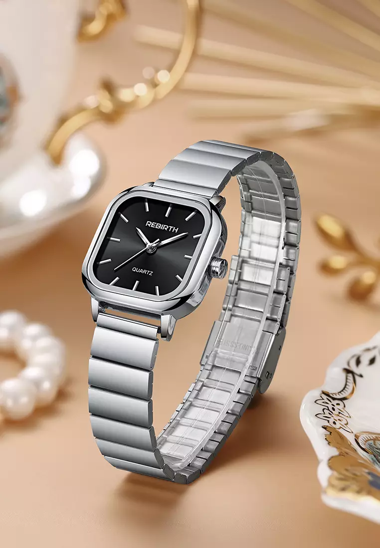 Jam Tangan Wanita Original Square Anggun Tali Stainless Steel perak hitam