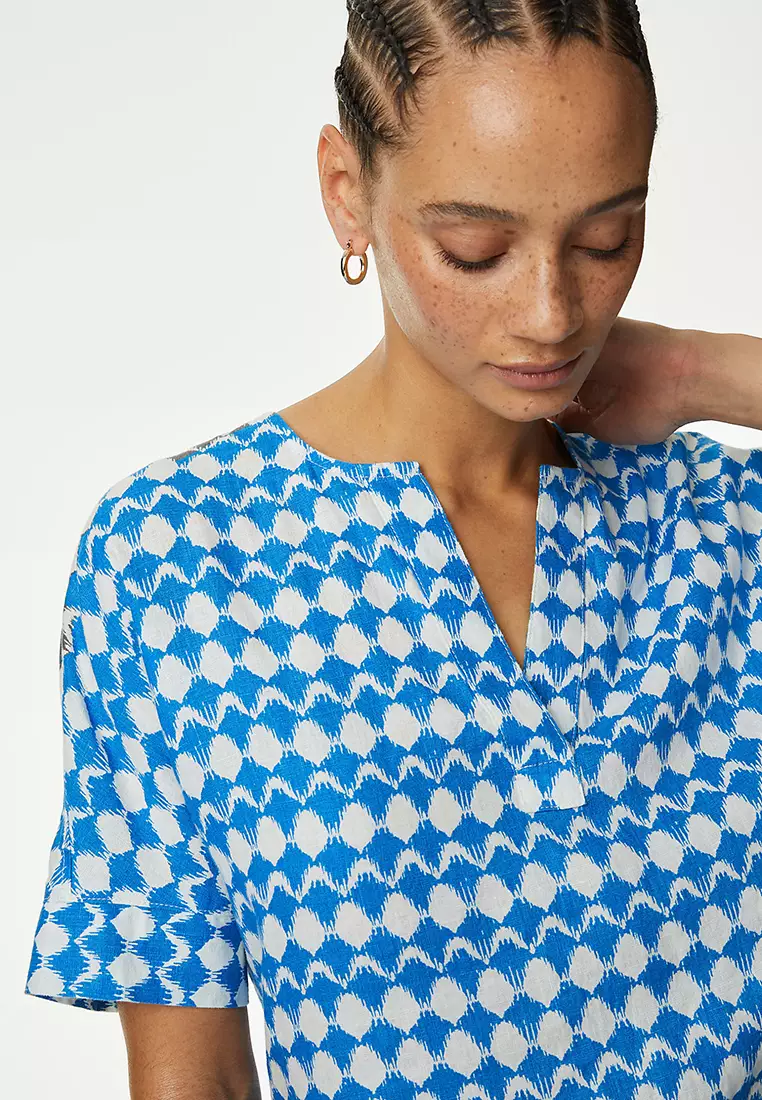 Pure Linen Printed V-Neck Popover Blouse