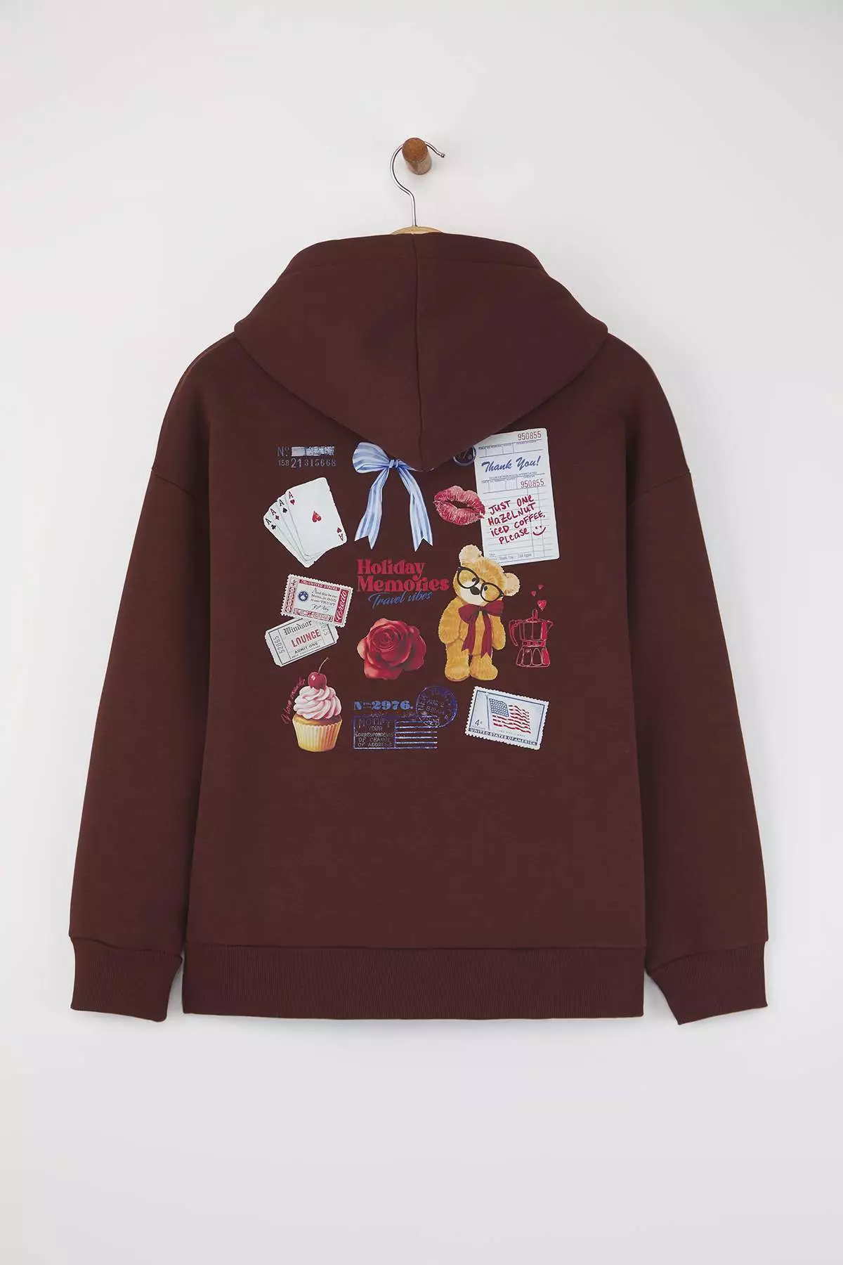 Teen Brown Back Printed Oversize Pattern Hooded Polar Fleece Knitted Sweatshirt