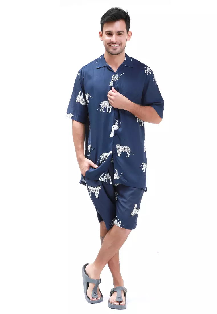 Klicin Setelan Baju Tidur Piyama Pria Motif Macan One Set Sleepwear Pajamas Material Rayon ORIGINAL
