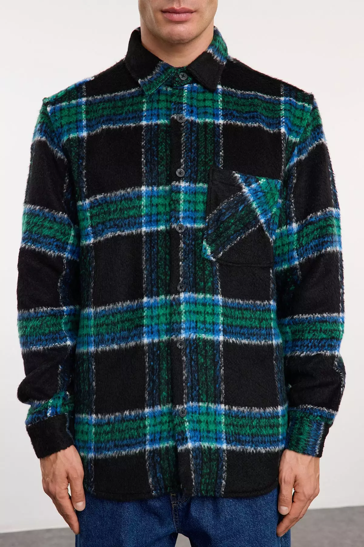 Black Unisex Oversize Fit Winter Plaid Lumberjack Shirt Jacket TMNAW25GO00024