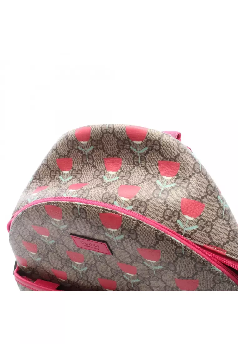 Pre-Loved Gucci Children's GG Supreme Kim Seung-yeon flower print Backpack rucksack PVC leather beige Pink purple