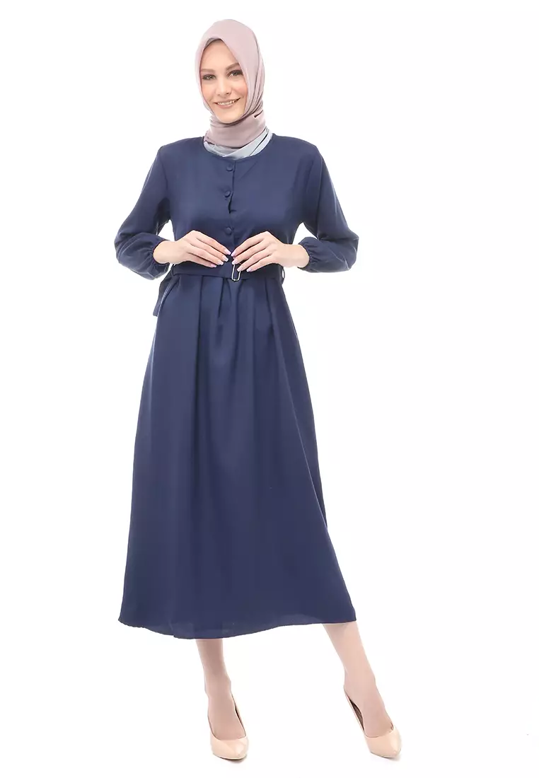 Berliana Gamis Muslimah Wanita With Belt Motif Polos Long Sleeve Relaxed Fit - Navy
