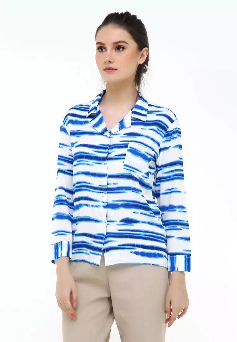 Carel Long Shirt Tie Dye Design Casual Kemeja Atasan Wanita - Biru
