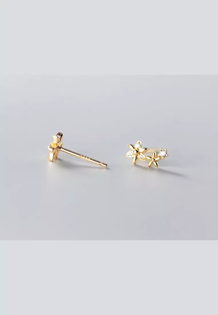 925 Silver Plated Gold Zircon Floral Asymmetric Earrings JW AR-G6378