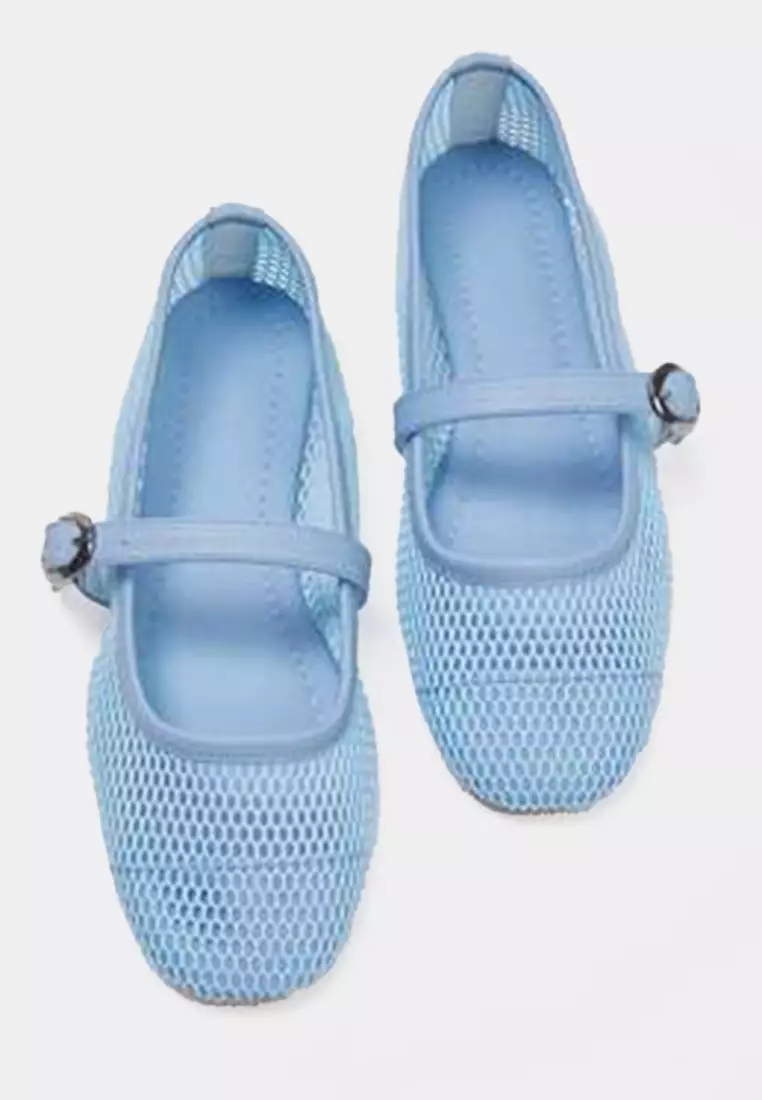 Baby Blue Mesh Detailed Round Toe Mary Jane Women's Ballerinas Takss24Be00000