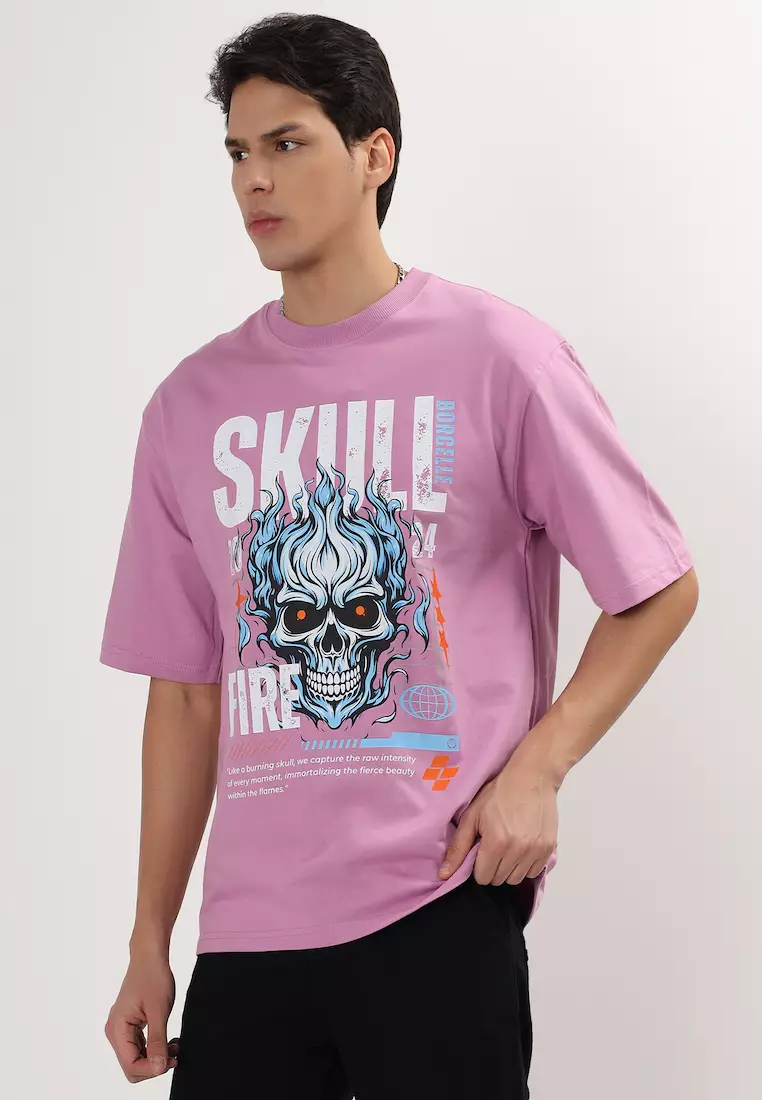 骷髅火焰图案薰衣草色棉质宽松T恤/T恤，男女通用运动服，圆领，短袖