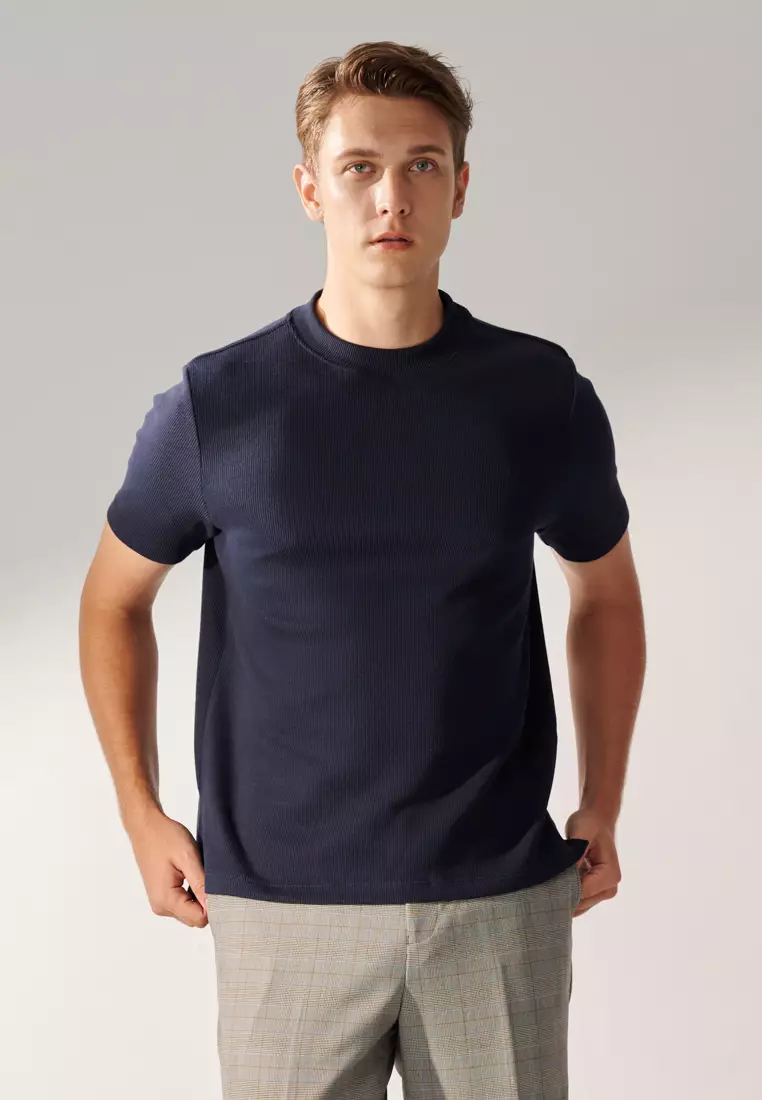 Midnight Blue Textured Turtleneck T-shirt
