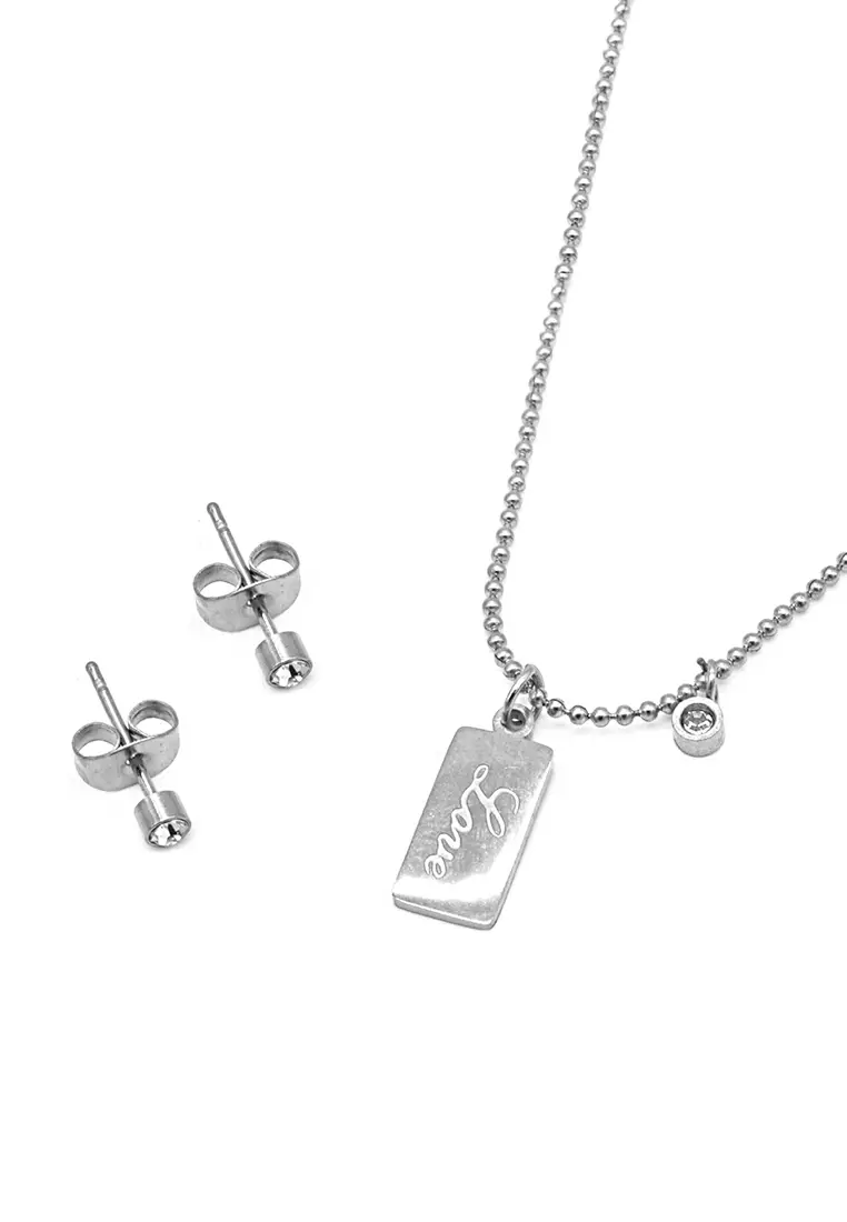 Buy Silverworks Love Plate and Round Stone Earrings and Necklace