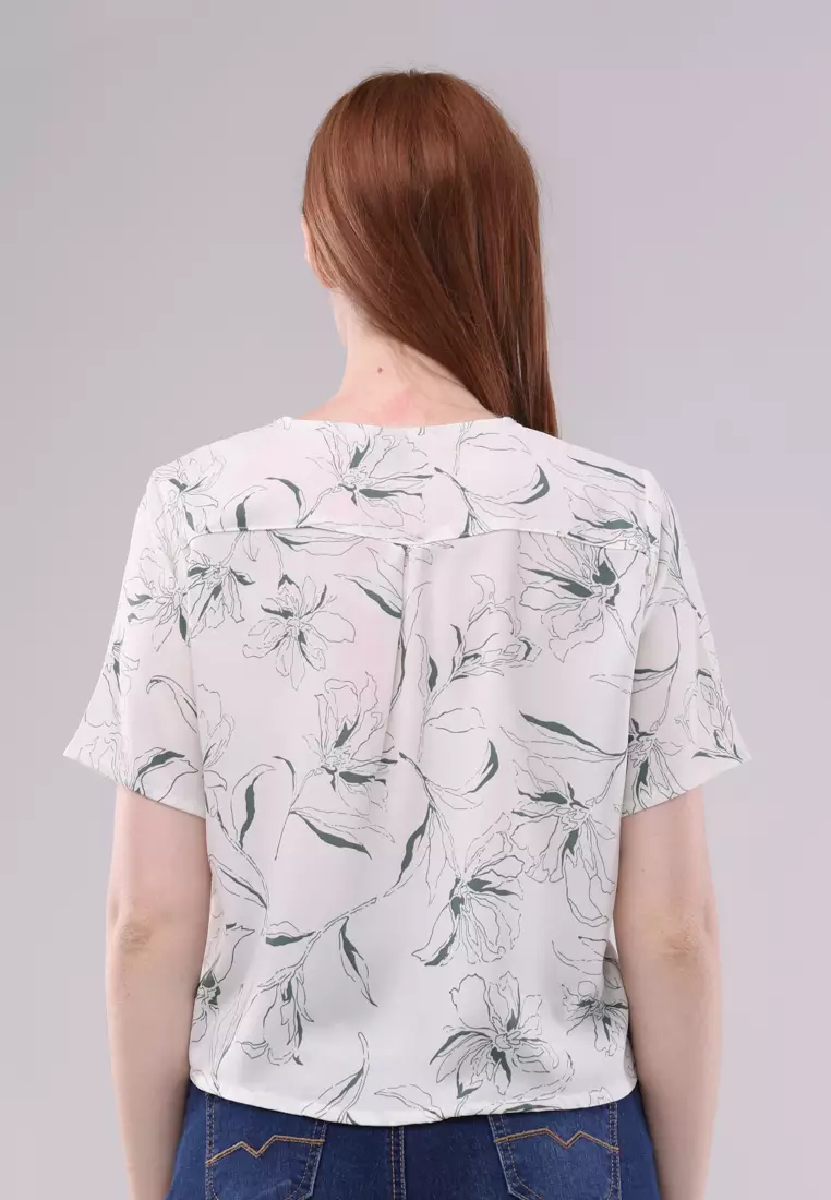 Printed Cotton Slub Woven Short Sleeves Blouse