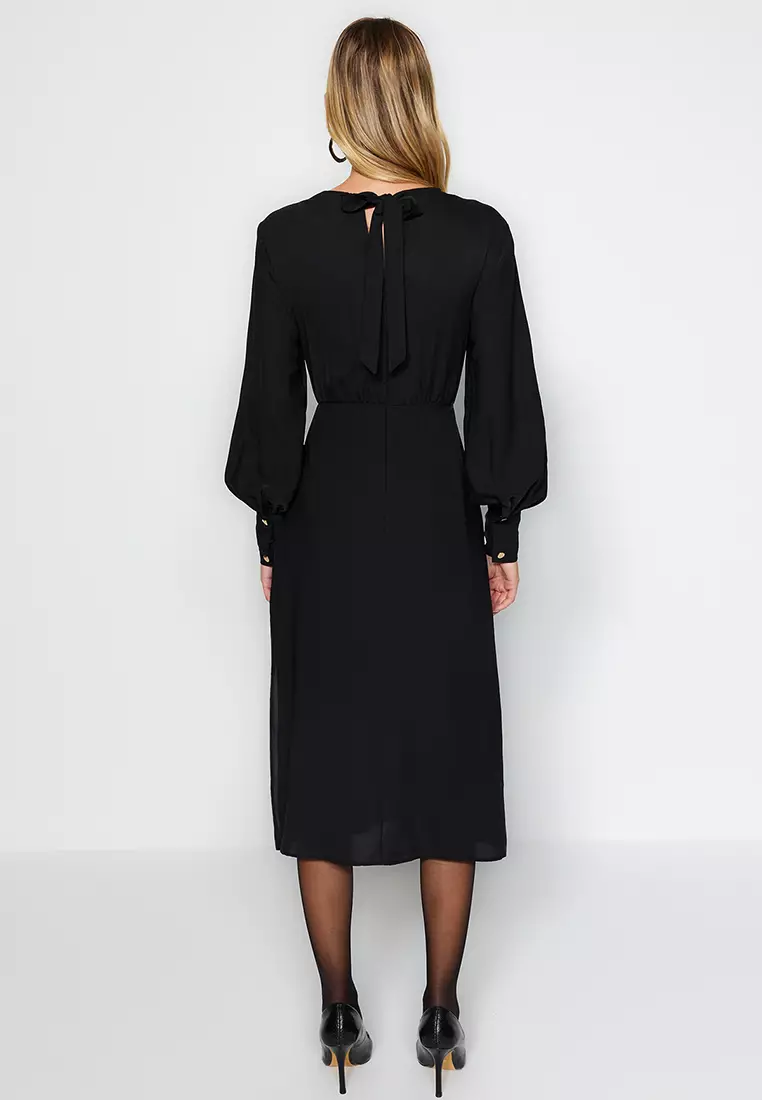 Black Midi Slit Woven Dress