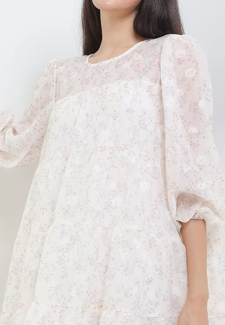 L/S Flo Print Jacq Chiffon Panel Dress